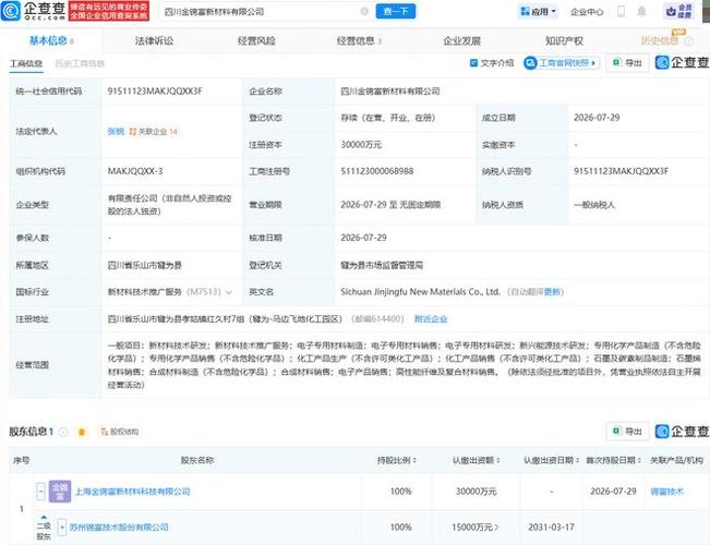 注册资本为3亿元,经营范围包含:新材料技术研发;新材料技术推广服